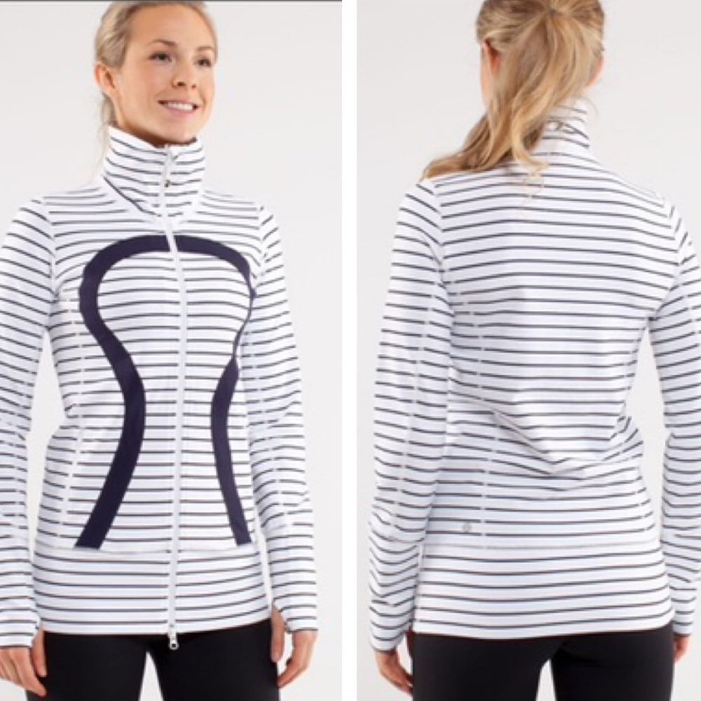 Lululemon In Stride Striped Logo Jacket Pockets High Neck Stretch Zip Up Long 8